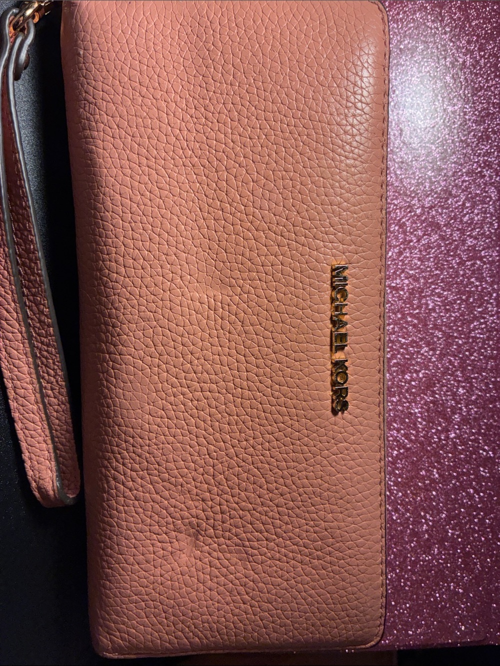 Michael Kors Peach Pink Pebbled Leather Wristlet Wallet with Gold Logo